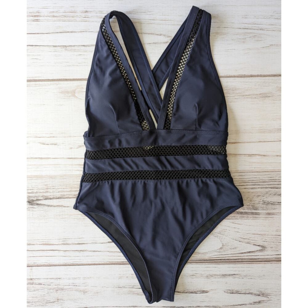 Shein Navy Blue Mesh Insert One Piece Bathingsuit sz XL
